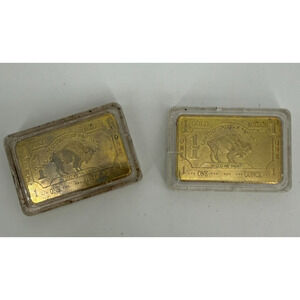 2 Each 1 OZ / 100 MILLS GOLD BUFFALO BULLION BARS .999 FINE GOLD PLATED BAR